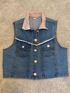 Vintage Romeo Romeo - Denim Vest with Pink Gingham Collar & Floral Trim Detail